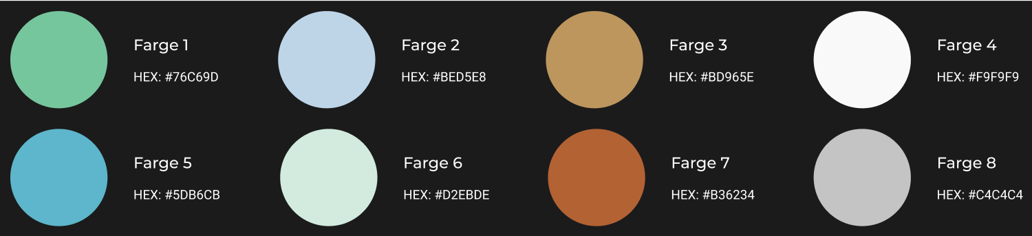 8 sirkler med farger fra 1 til 8 p&aring; sort bakgrunn og tilh&oslash;rende fargekode. Den samme informasjonen st&aring;r i teksten under bildet.