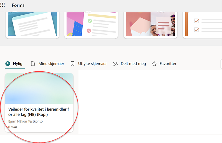 Skjermbilde av skjema for l&aelig;remidler med i Microsoft Forms - last ned kopi.