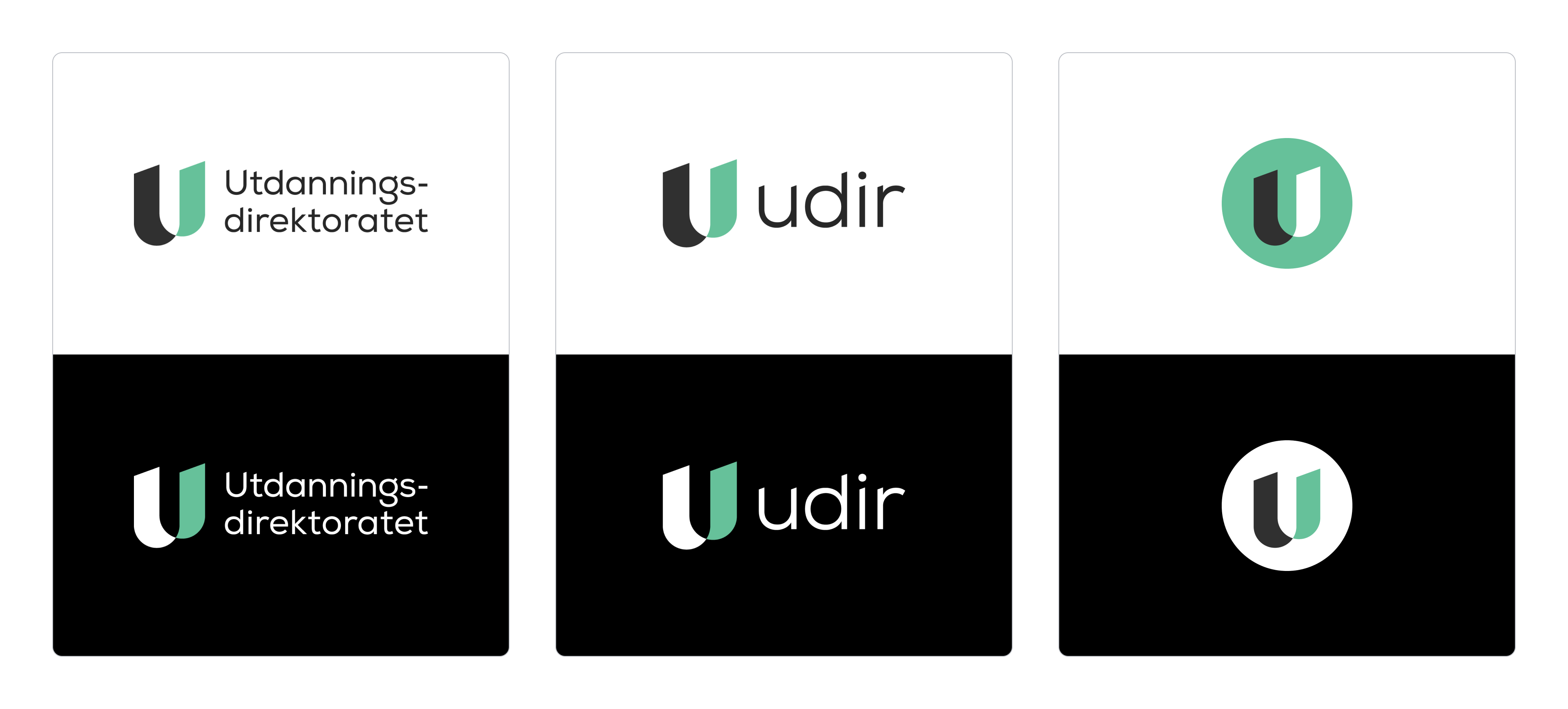 Tre logoer p&aring; hvit bakgrunn og tre logoer p&aring; svart bakgrunn