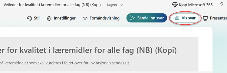 Skjermbilde av skjema for l&aelig;remidler med i Microsoft Forms med ring rundt knappen "Vis resultater".