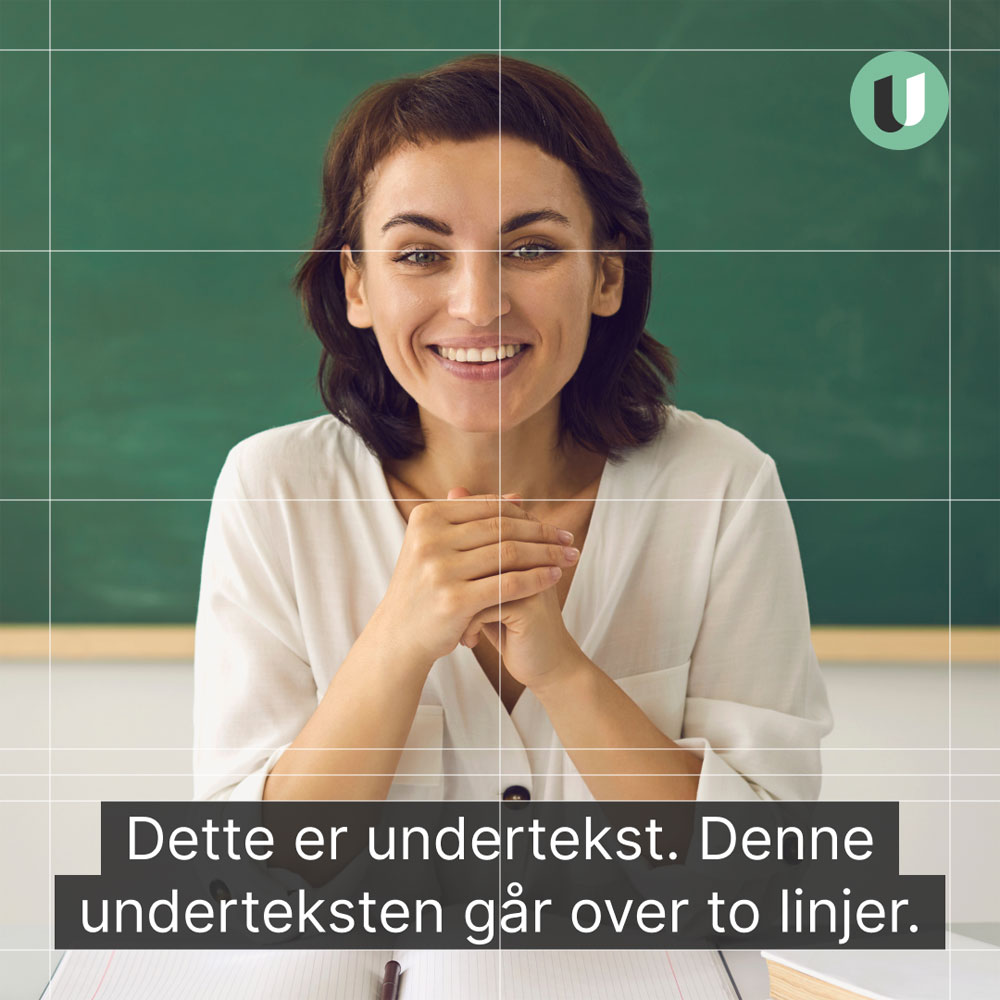 Bilde av kvinne med tekstfelt over to linjer i bunnen av bildet og streker som viser plassering i grid