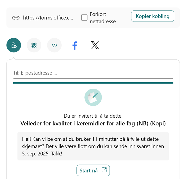 Skjermbilde av skjema for l&aelig;remidler med i Microsoft Forms - egne valg.