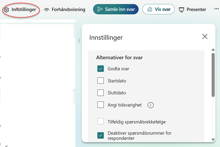 Skjermbilde av skjema for l&aelig;remidler med i Microsoft Forms - instillinger.