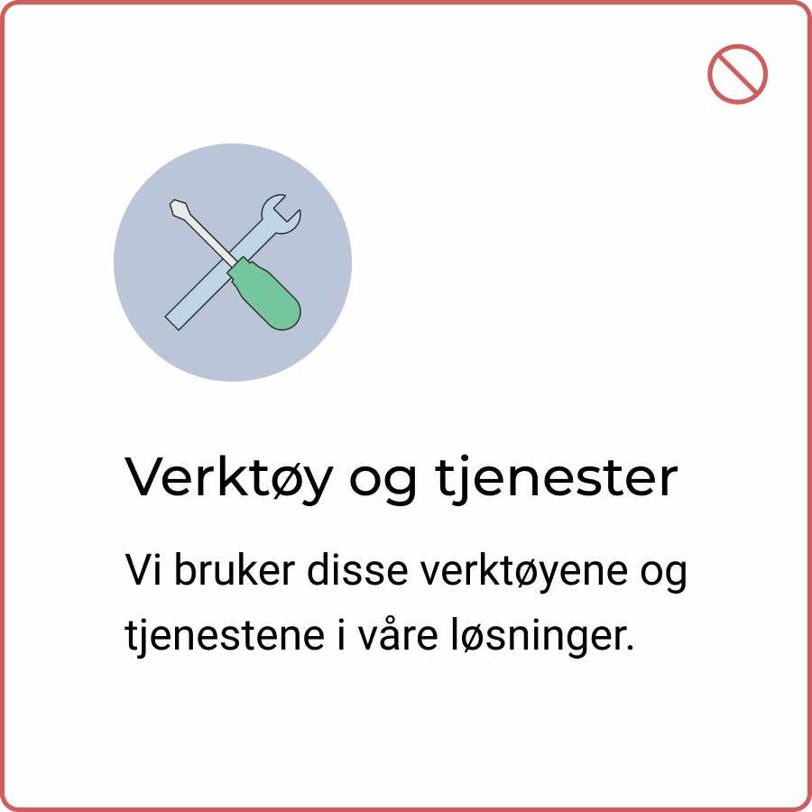 Symbol med verkt&oslash;y inni bl&aring; sirkelformet bakgrunn og tekst under med r&oslash;d ramme rundt bildet